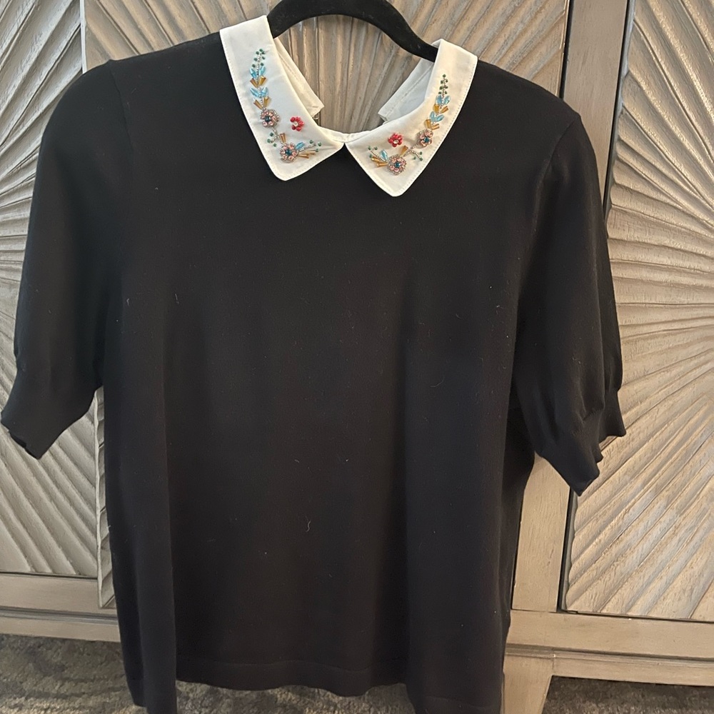 Hand beaded butterfly collar blouse in black